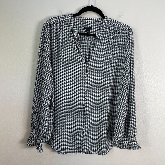 Ann Taylor Womens Large Green Houndstooth Button Up Blouse Long Sleeve Shirt - Picture 6 of 9